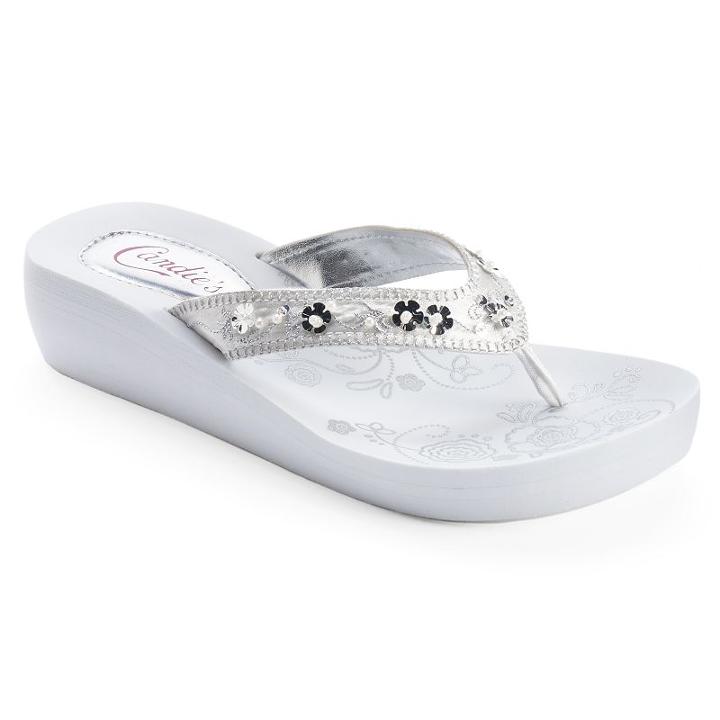 Candie's&reg; Women's Floral Simulated Pearl Wedge Flip-flops, Size: Large, White