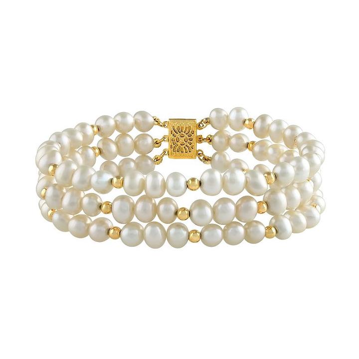 14k Gold Freshwater Cultured Pearl Multi Row Bracelet, Women's, Size: 7.5, White