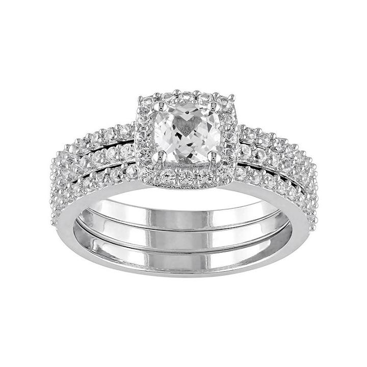 Sterling Silver Lab-created White Sapphire Halo Engagement Ring Set, Women's, Size: 7