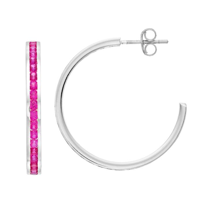 Traditions Sterling Silver Channel-set Lab-created Ruby Birthstone Hoop Earrings, Women's, Red