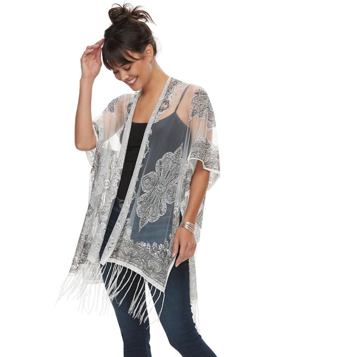 Women's Fringed Burnout Paisley Kimono, White