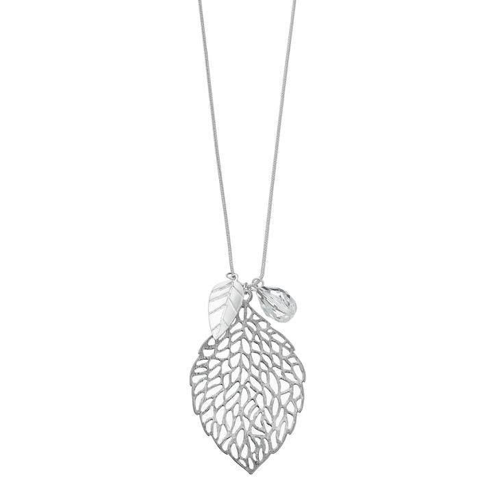 Long Openwork Leaf Charm Necklace, Women's, Silver