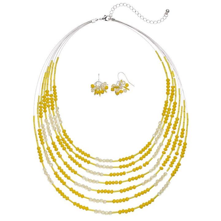 Yellow Beaded Multi Strand Necklace & Drop Earring Set, Women's, Med Yellow