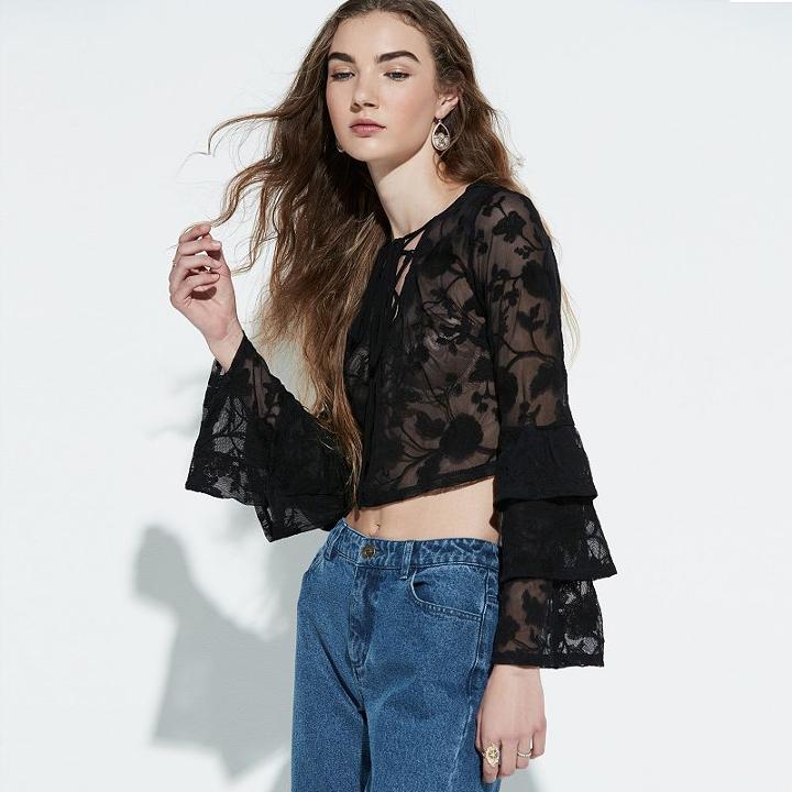 K/lab Lace-up Bell Sleeve Top, Girl's, Size: Xs, Black