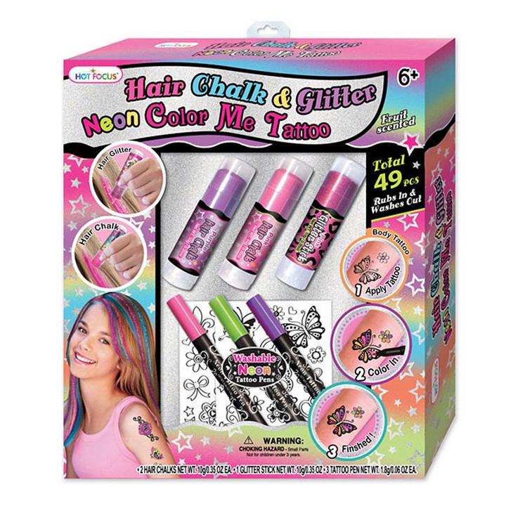 Hot Focus Hair Chalk, Glitter & Neon Color Me Tattoo Gift Set, Multicolor