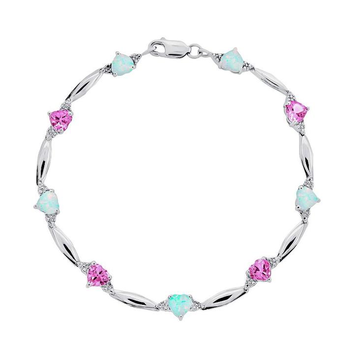 Sterling Silver Lab-created Pink Sapphire, Lab-created Opal And Diamond Accent Heart Bracelet, Women's, Size: 7.5