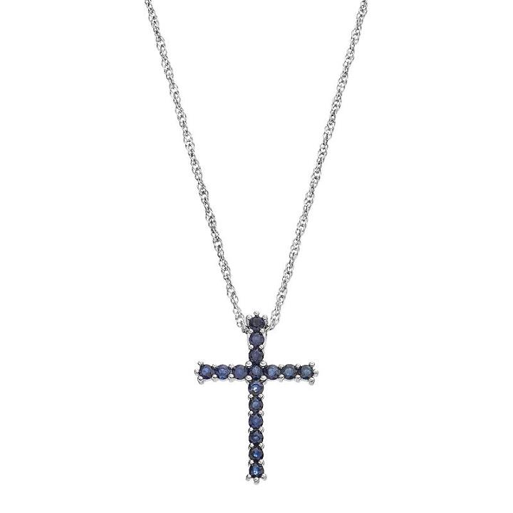 Sterling Silver Sapphire Cross Pendant Necklace, Women's, Size: 18, Blue