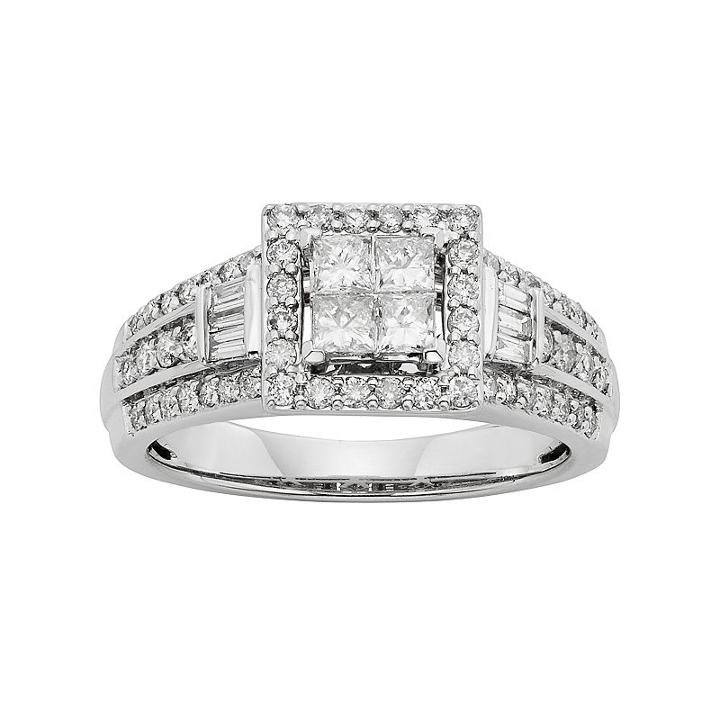 Diamond Tiered Square Halo Engagement Ring In 10k White Gold (1 Carat T.w.), Women's, Size: 7
