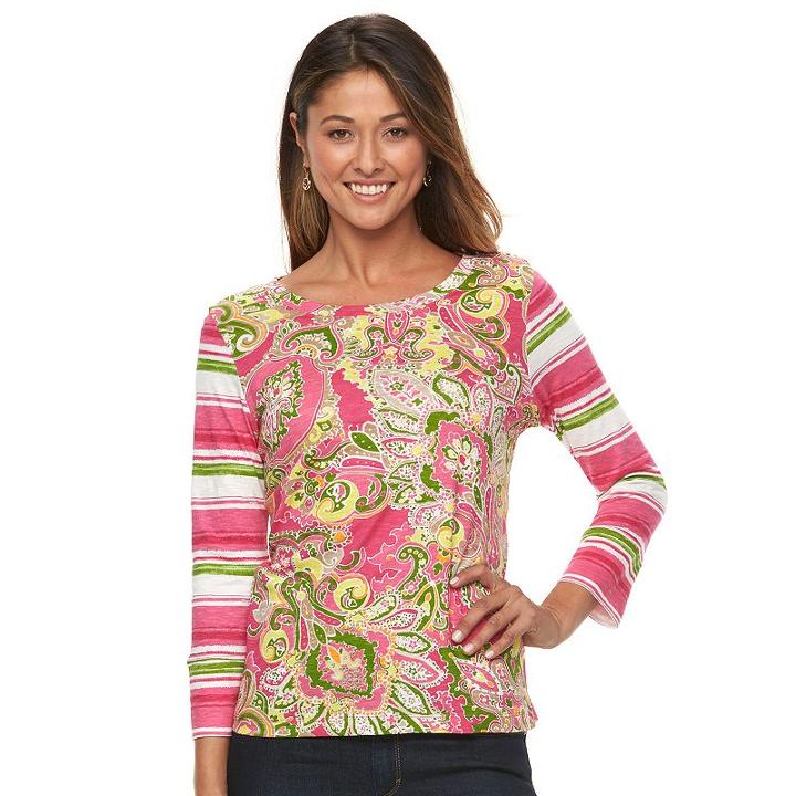 Women's Caribbean Joe Mixed-print Crewneck Tee, Size: Large, Dark Pink