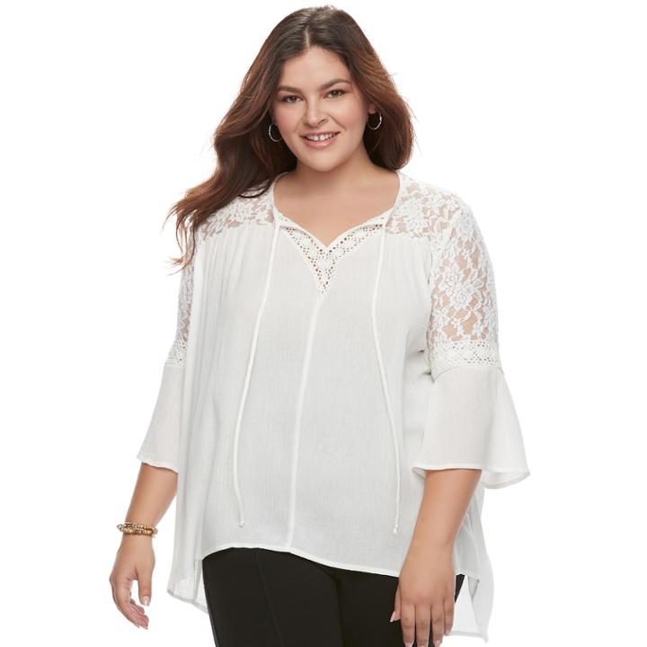 Juniors' Plus Size Liberty Love Lace Yoke Splitneck Top, Teens, Size: 1xl, Natural