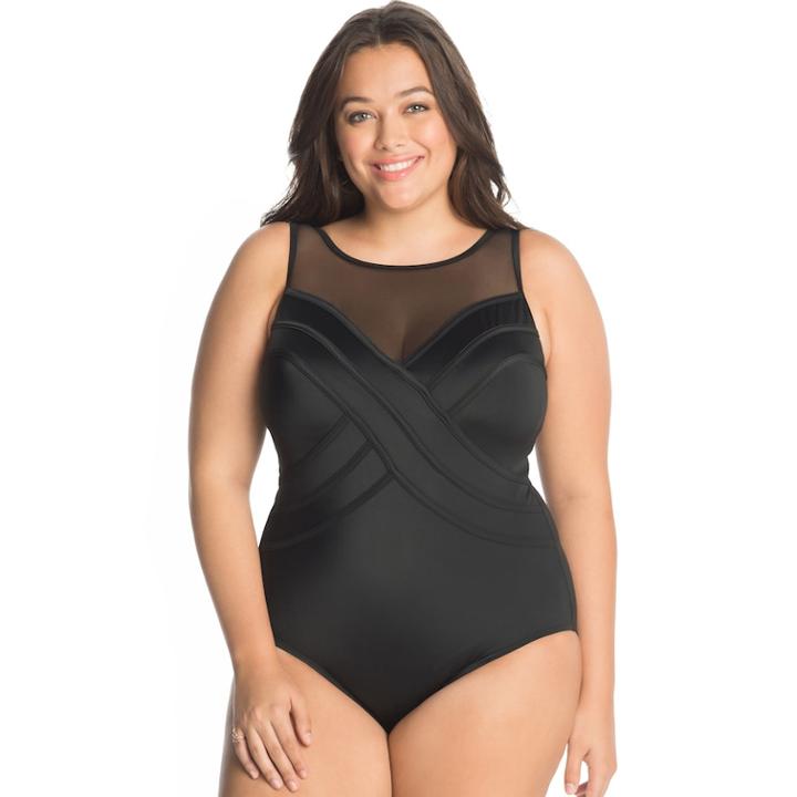 Plus Size Great Lengths Tummy Slimmer High-neck One-piece Swimsuit, Women's, Size: 16, Black