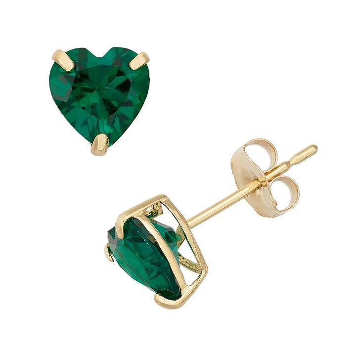Lab-created Emerald 10k Gold Heart Stud Earrings, Women's, Green