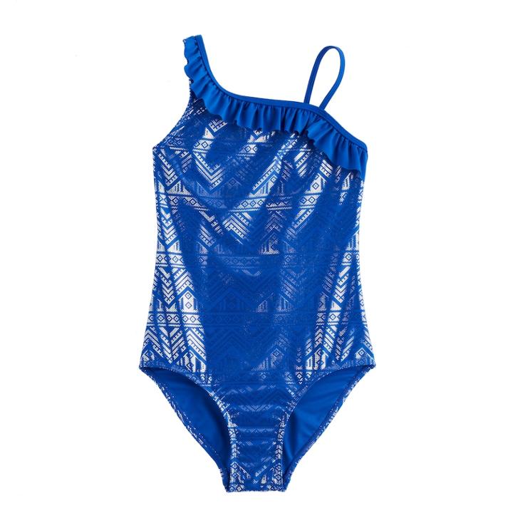 Girls 7-16 & Plus Size So&reg; Asymmetrical Ruffled Shiny Tribal One-piece Swimsuit, Size: 7-8, Blue (navy)