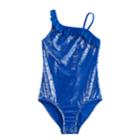 Girls 7-16 & Plus Size So&reg; Asymmetrical Ruffled Shiny Tribal One-piece Swimsuit, Size: 7-8, Blue (navy)
