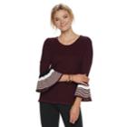 Women's Elle&trade; Striped Bell Sleeve Crewneck Sweater, Size: Xs, Dark Red