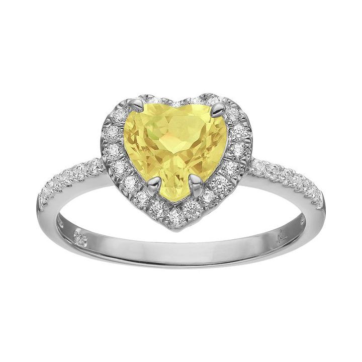 Rebecca Sloane Citrine & Cubic Zirconia Platinum Over Silver Heart Halo Ring, Women's, Size: 6, Yellow
