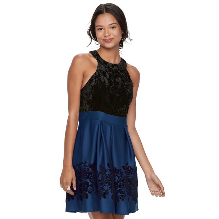 Juniors' Trixxi Floral Velvet Skater Dress, Teens, Size: Medium, Med Blue