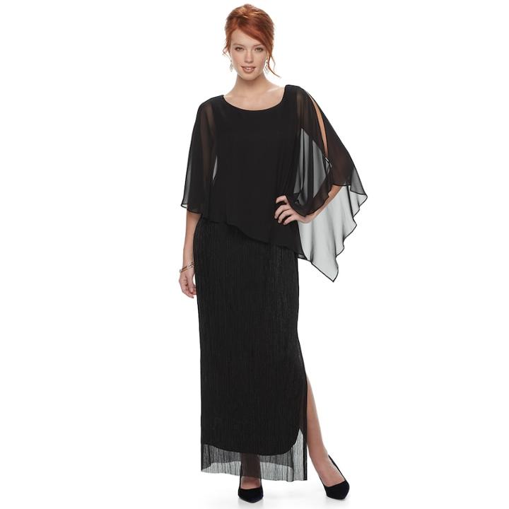 Women's Connected Apparel Metallic Chiffon Popover Evening Gown, Size: 16, Black