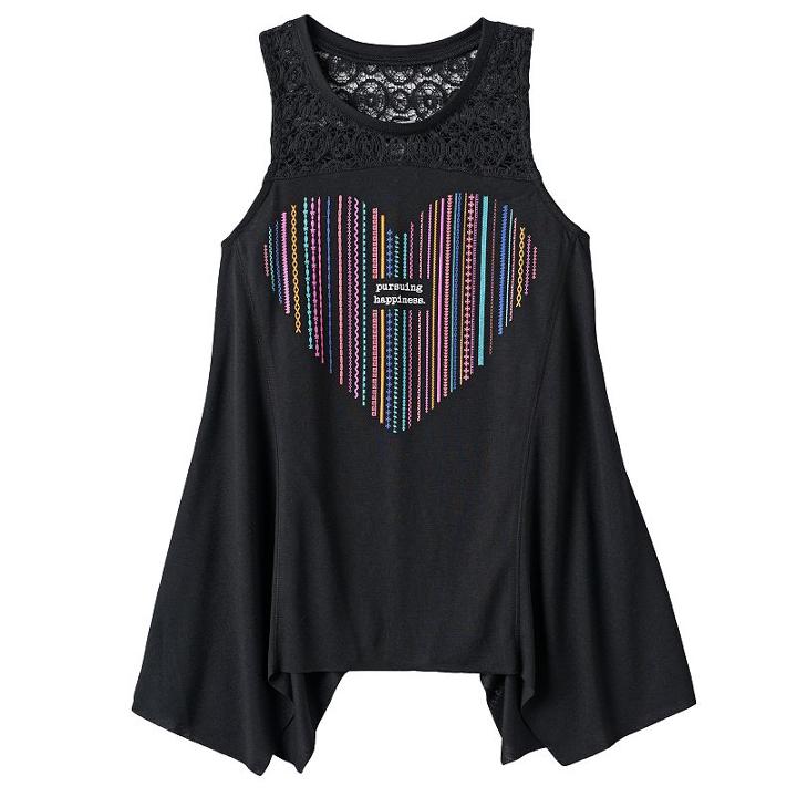 Girls 7-16 & Plus Size Mudd&reg; Crochet Lace Yoke Sharkbite Tank Top, Girl's, Size: 16 1/2, Black