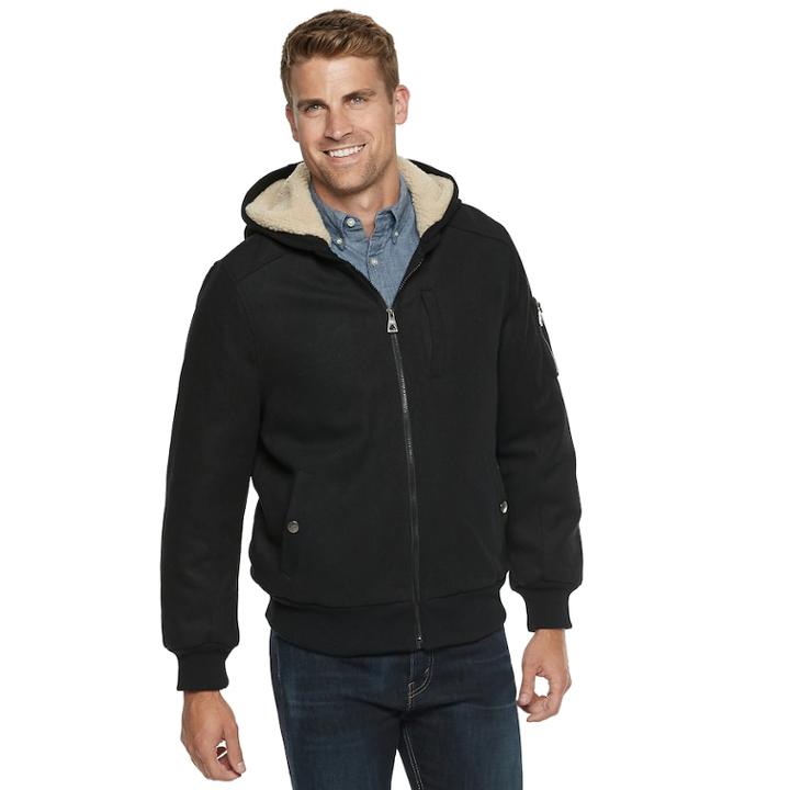 Men's Urban Republic Wool-blend Sherpa-lined Hooded Bomber Jacket, Size: Medium, Black
