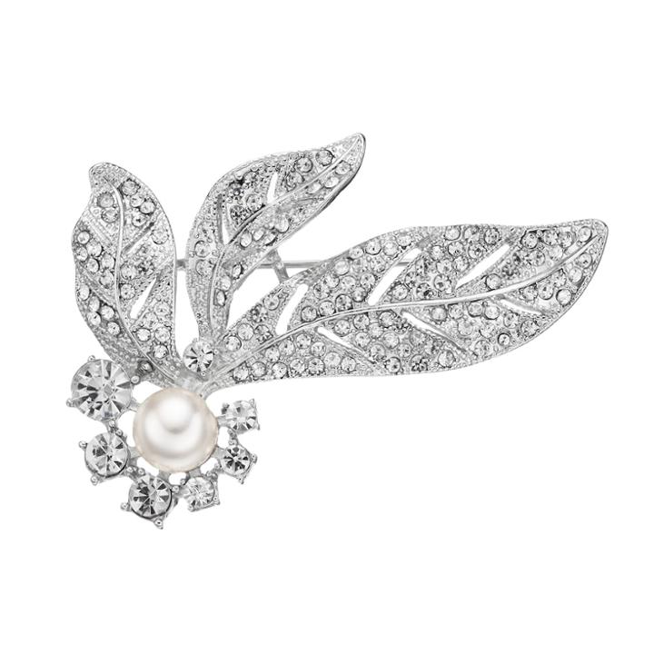 Simulated Pearl Pave Leaf Pin, Women's, White