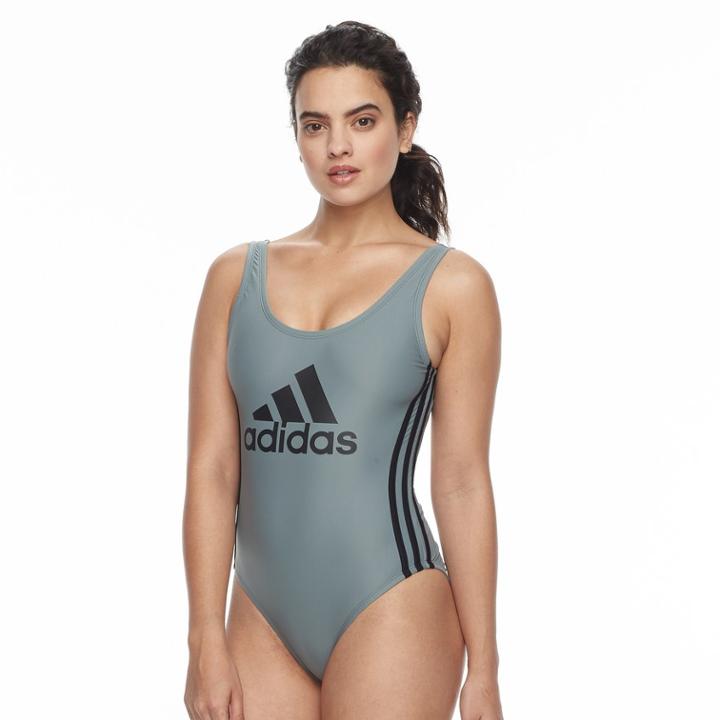 Women's Adidas Core Solid Logo One-piece Swimsuit, Size: Xl, Grey (charcoal)