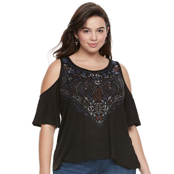 Juniors' Plus Size Mudd&reg; Print Cold Shoulder Top, Girl's, Size: 3xl, Black