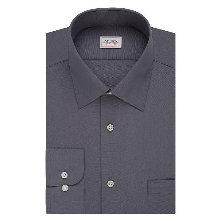 Men's Arrow Athletic-fit Solid Wrinkle-free Spread-collar Dress Shirt, Size: M-34/35, Grey