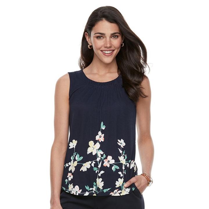Petite Croft & Barrow&reg; Printed Shirred Tank, Women's, Size: L Petite, Dark Blue