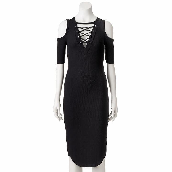 Juniors' Almost Famous Lace-up Cold-shoulder Bodycon Dress, Teens, Size: Small, Black
