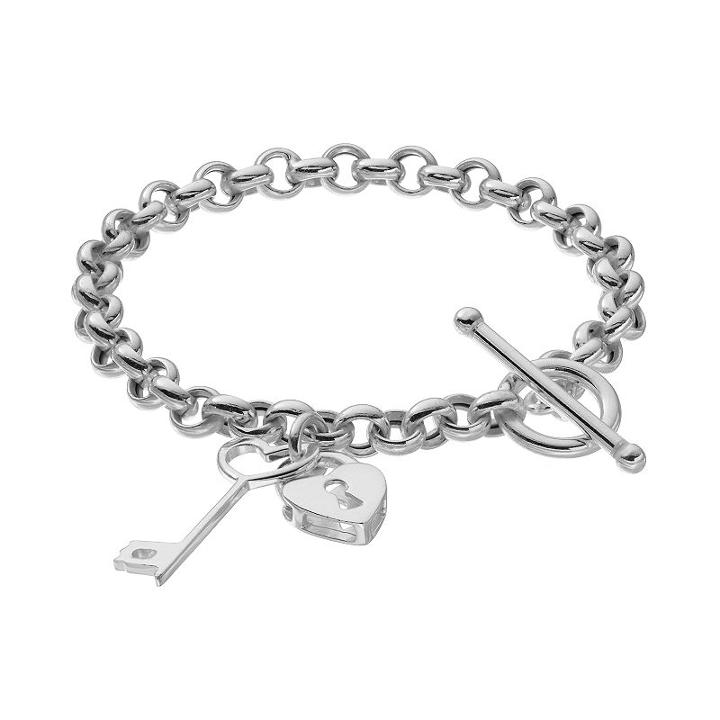 Sterling Silver Heart Key & Lock Charm Toggle Bracelet, Women's, Size: 8.5