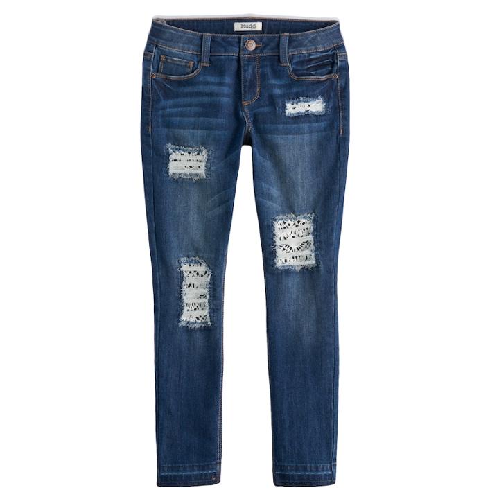 Girls 7-16 Mudd&reg; Crochet Destructed Raw Hem Skinny Ankle Jeans, Size: 10, Blue