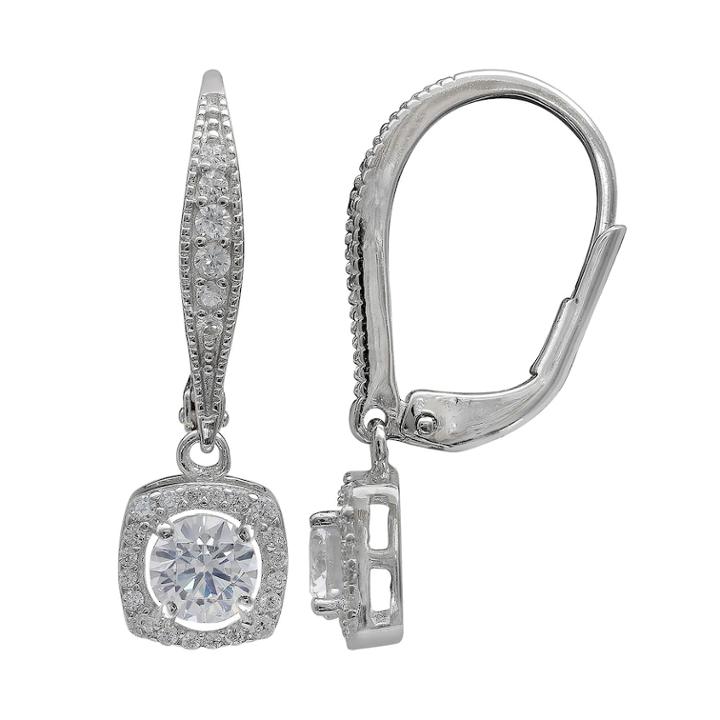 Primrose Sterling Silver Cubic Zirconia Cushion Drop Leverback Earrings, Women's, White