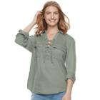 Juniors' So&reg; Lace-up Utility Shirt, Teens, Size: Small, Med Green