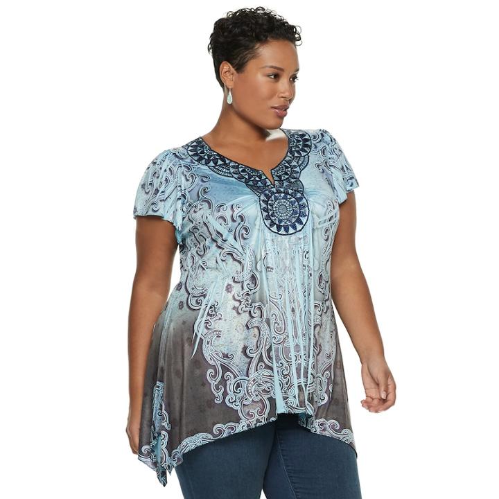 Plus Size World Unity Medallion Sharkbite Top, Women's, Size: 1xl, Blue