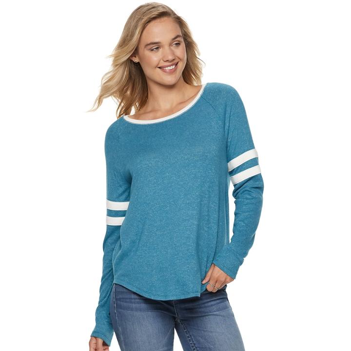 Juniors' So&reg; Long Sleeve Varsity Tee, Teens, Size: Large, Dark Blue