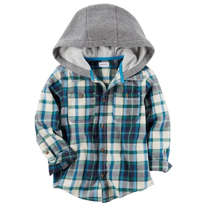 Boys 4-7 Carter's Hooded Plaid Flannel Shirt, Size: 7, Blue Plaid