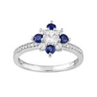 14k White Gold Blue & White Sapphire & 1/6 Carat T.w. Diamond Flower Ring, Women's