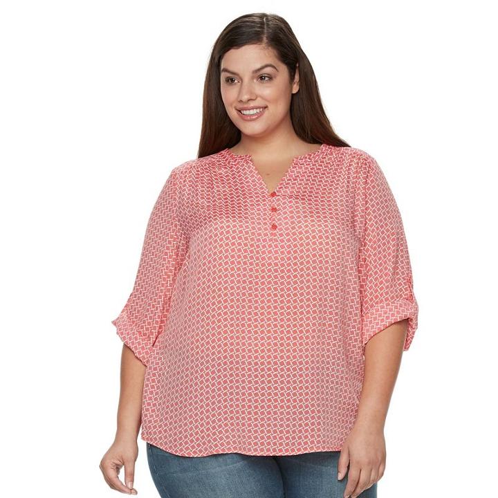 Plus Size Croft & Barrow&reg; Printed Roll-tab Henley, Women's, Size: 3xl, Pink Other