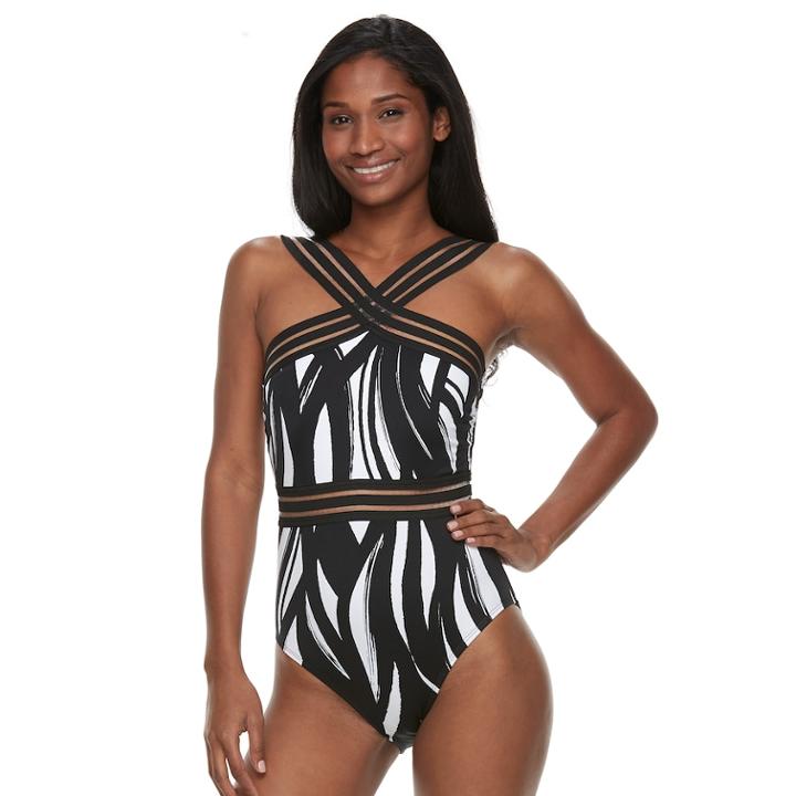 Women's Apt. 9&reg; Tummy Slimmer Sheer One-piece Swimsuit, Size: Large, Black