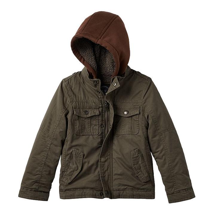 Boys 4-7 Urban Republic Hooded Sherpa-lined Peached Twill Midweight Jacket, Boy's, Size: 7, Dark Green