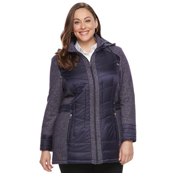 Plus Size D.e.t.a.i.l.s Hooded Mixed-media Puffer Jacket, Women's, Size: 2xl, Purple