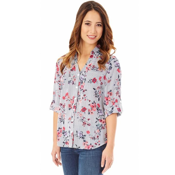 Juniors' Iz Byer Roll-tab Shirt, Size: Small, Stripe Floral