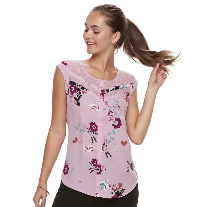Juniors' Candie's&reg; Print Lace Inset Top, Teens, Size: Xl, Pink