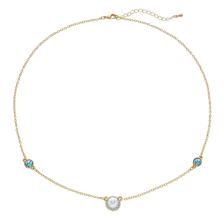 14k Gold Plated Simulated Pearl & Crystal Halo Station Necklace, Women's, Blue