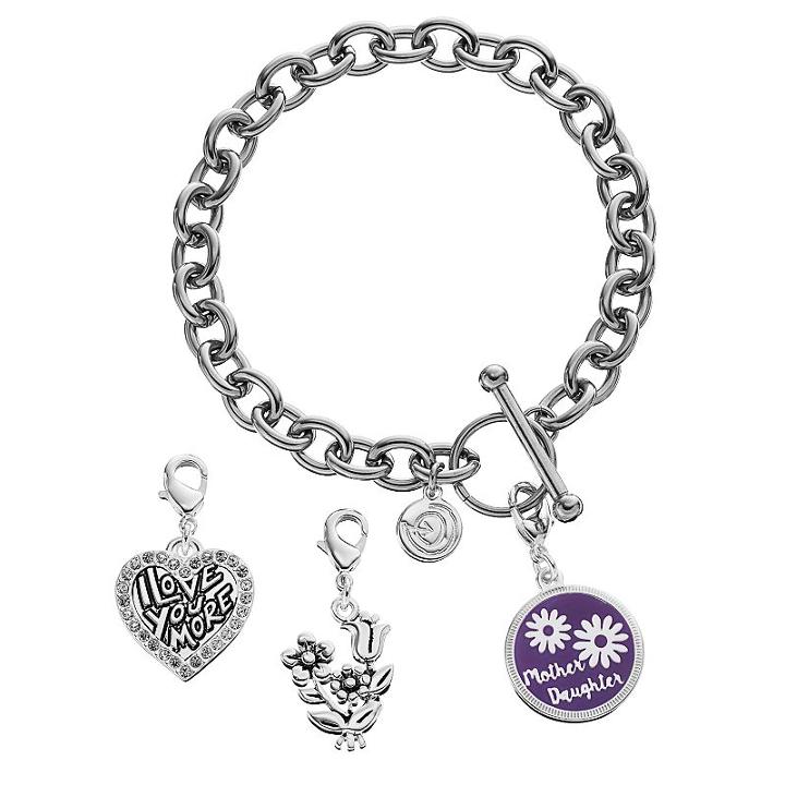Love This Life Silver Plated Mother Daughter Heart & Flower Charm & Bracelet Set, Women's, Grey