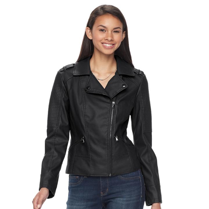 Juniors' Pink Envelope Asymmetrical Faux-leather Jacket, Teens, Size: Medium, Black
