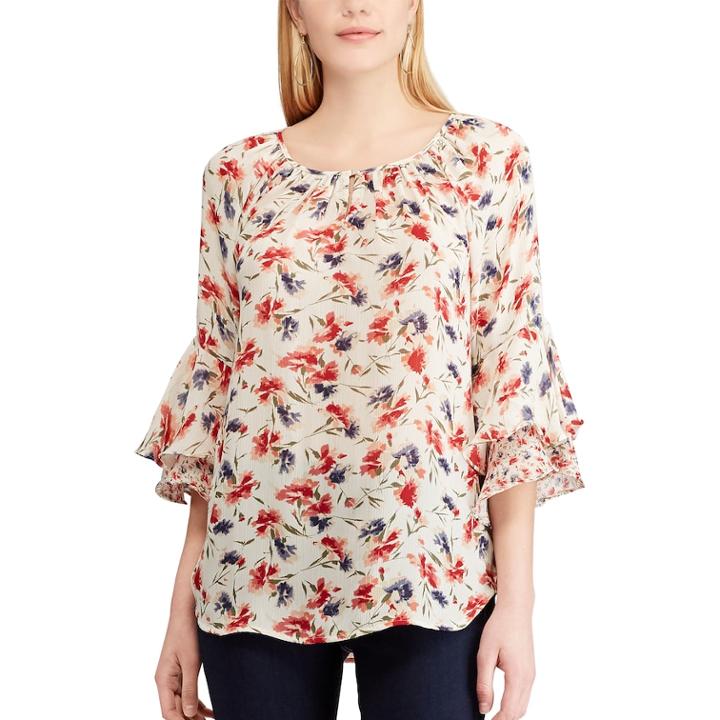 Women's Chaps Floral Ruffle-sleeve Peasant Top, Size: Xs, White