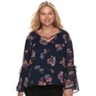 Juniors' Plus Size Heartsoul Floral Bell Sleeve Top, Teens, Size: 2xl, Dark Blue