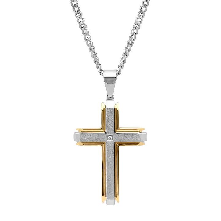 Men's Two Tone Stainless Steel Cross Pendant Necklace, Size: 24, White